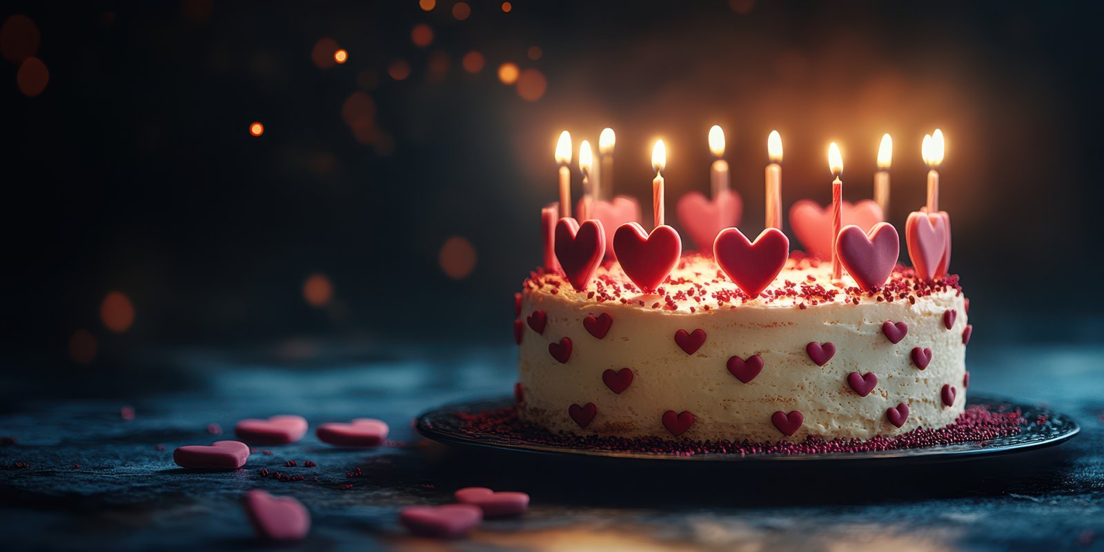 Heart-shaped candles illuminate a festive birthday cake decorated with vibrant sprinkles and sweet confections